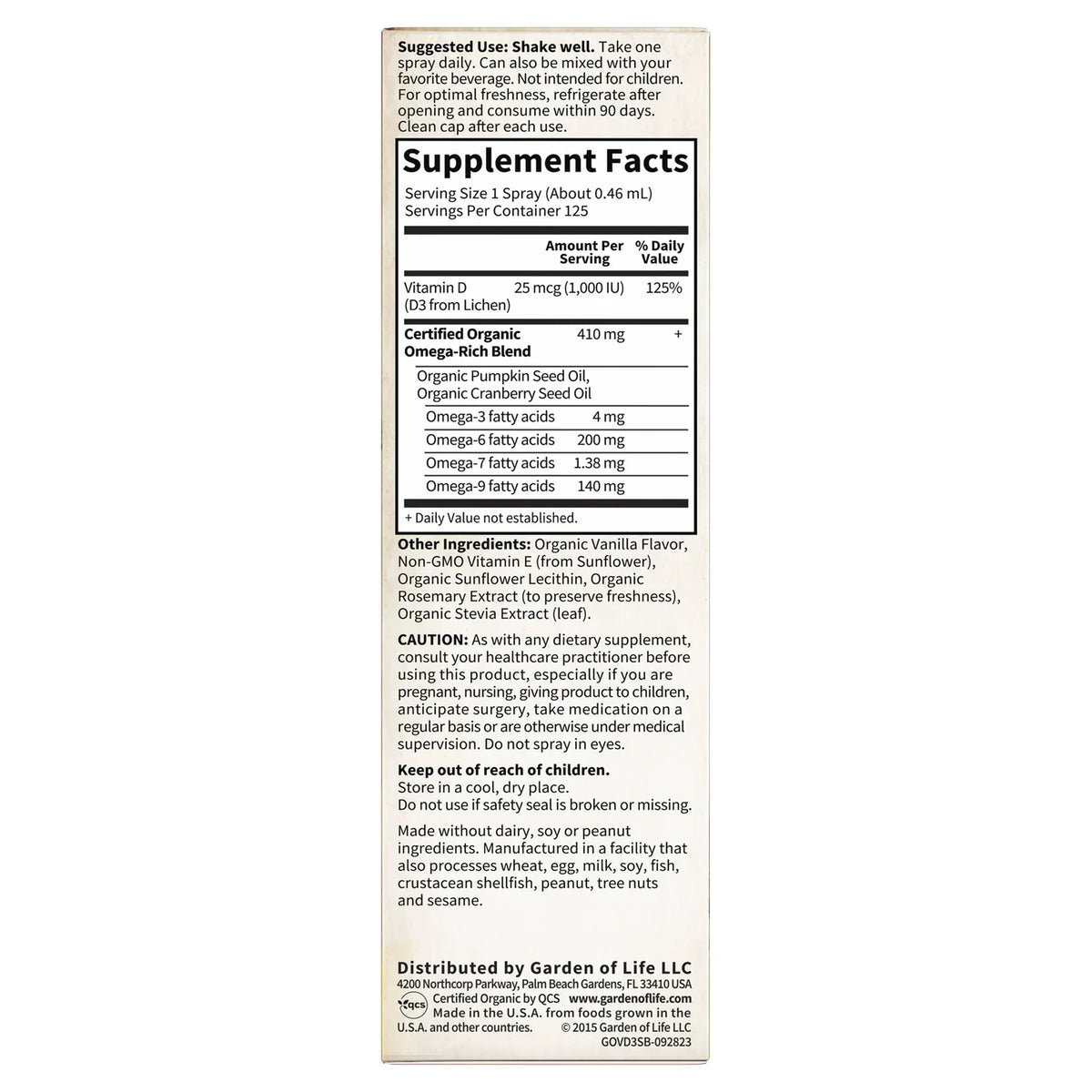 Organics Vegan D3 Organic Spray - Vanilla