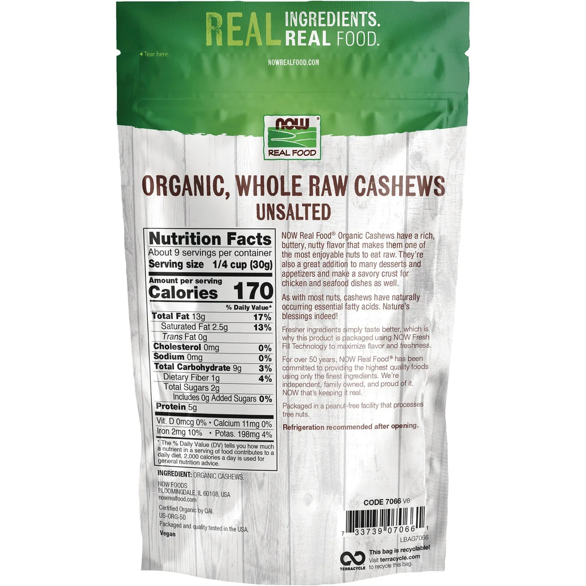 Certified Organic Whole, Raw Cashews - Unsalted