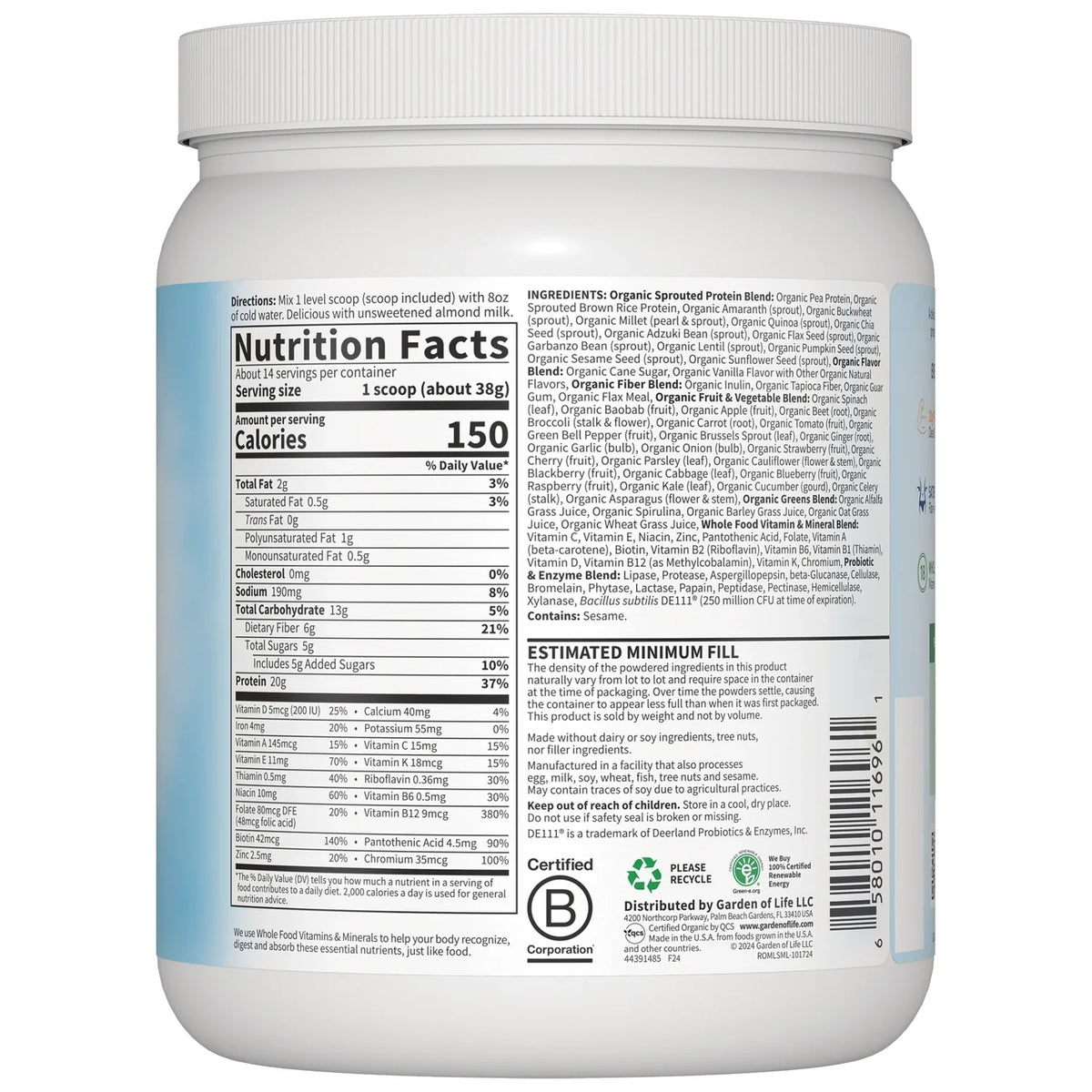 Raw Organic Meal Replacement Shake - Lightly Sweet